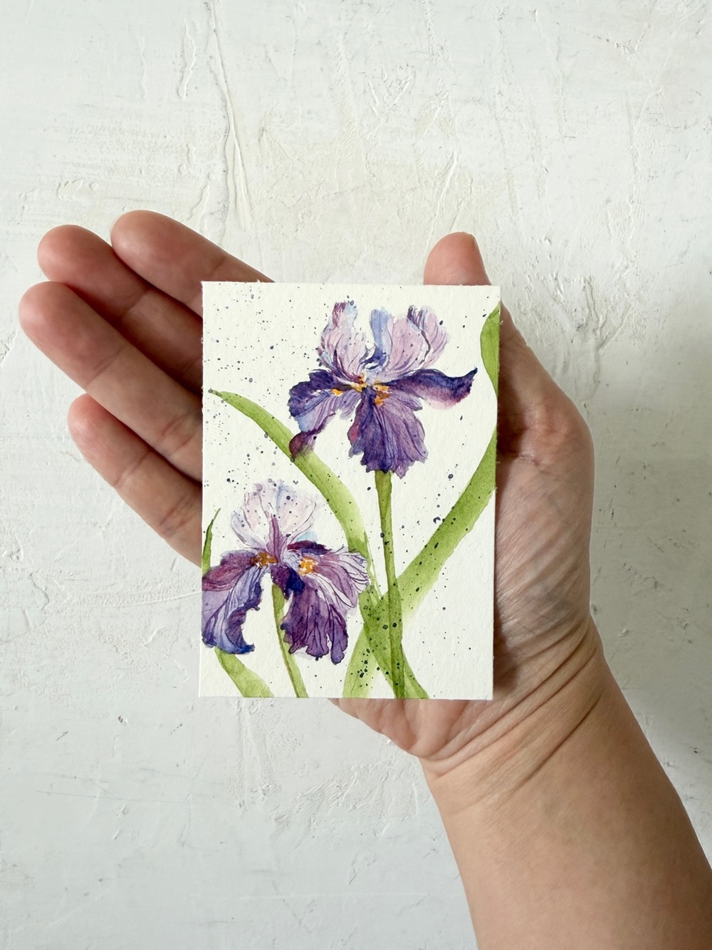 ACEO Original Watercolor Painting Purple Iris Flowers - Picture 2 of 3